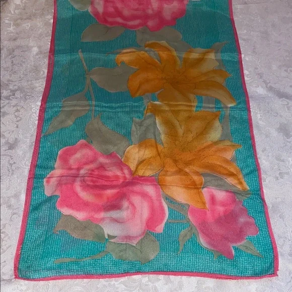 Vintage Floral Scarf with Pink and Orange Flowers - Picture 1 of 2